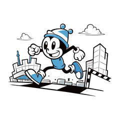 A cartoon runner is dodging obstacles in an urban environment.