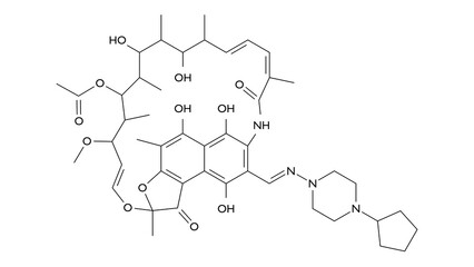 rifapentine molecule, structural chemical formula, ball-and-stick model, isolated image antibiotic