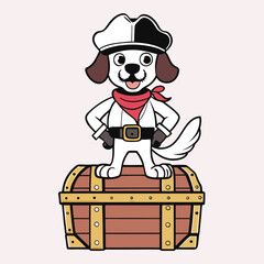 A dog dressed as a pirate stands triumphantly on a pile of gold coins, holding a treasure chest.