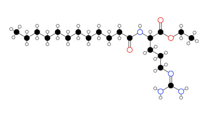 ethyl lauroyl arginate molecule, structural chemical formula, ball-and-stick model, isolated image e243
