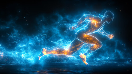 Naklejka premium Digital composite of highlighted man running in fire and blue background with flare