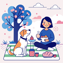 Fototapeta premium A dog happily enjoys a picnic with its owner under a shady tree.