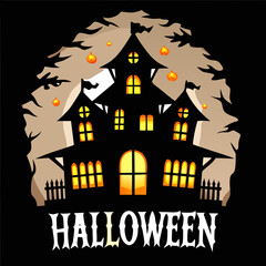 A spooky, haunted house with glowing windows and spooky silhouettes.