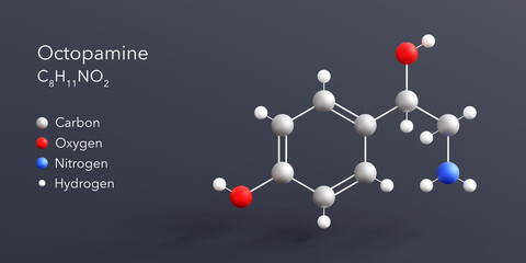 octopamine molecule 3d rendering, flat molecular structure with chemical formula and atoms color coding
