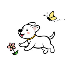 A playful puppy with brown fur chases a brightly colored butterfly in a sunny park.
