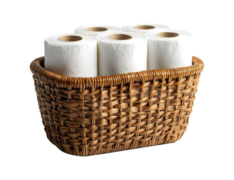 Wicker Basket Filled with Toilet Paper Rolls Isolated on Transparent Background.