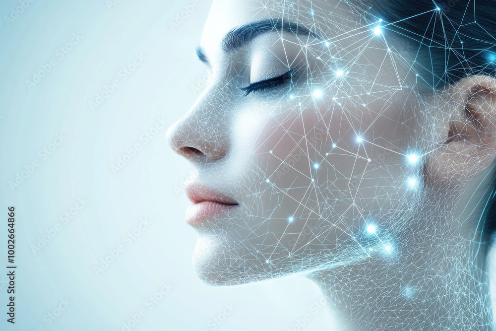 Poster abstract lines and dots illustrate skincare procedure diagrams in a modern aesthetic environment. ge