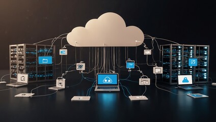 Online, cloud storage, contact, computing, tablet, phone home devices with online. linking computer to cloud with server, connection. Devices connected to storage in the data center