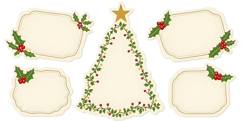 Christmas-themed set of 6 stickers, tree-shaped, gold decorations, blank center for note-taking, includes holly_00001_