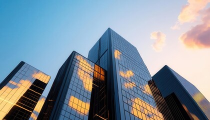 Fototapeta premium A black and gold modern skyscraper reflecting the sunset, urban development and innovation