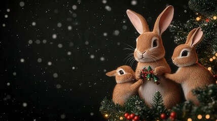 A bunny family decorating a Christmas tree in the forest, with twinkling lights and snow falling gently