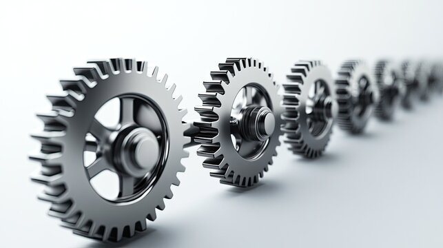 A line of gears in motion, symbolizing a serial mechanical process, perfect for showcasing engineering, automation, or industrial production.