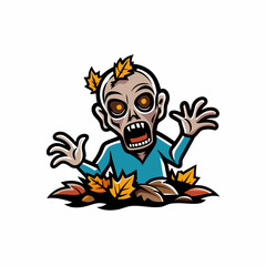Fototapeta premium A zombie rises from the ground, its decaying flesh exposed, amidst a backdrop of vibrant autumn foliage.