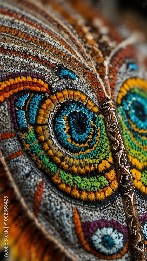 Poster vivid close-up of a colorful moth with intricate wing patterns.