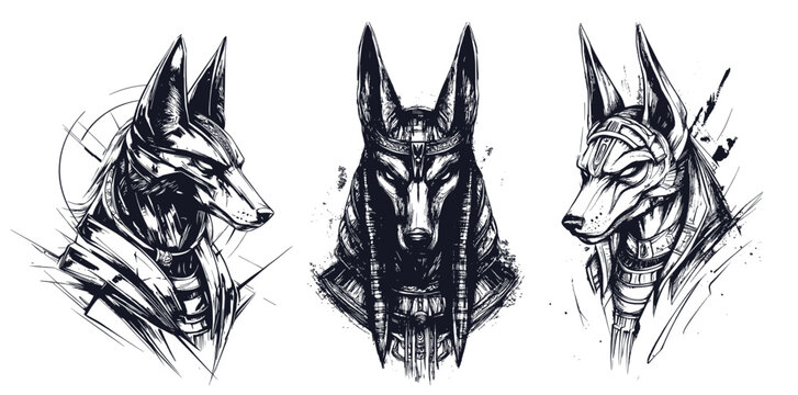Anubis tattoo sketches. Egyptian god of death dog head ink sketch, myth jackal face portrait egypt mythology religion gods vintage drawing pharaoh mascot vector illustration