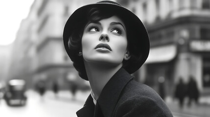 
A stylish woman from the 80s, captured in a black and white photo, exuding vintage charm, bold fashion, and an iconic aesthetic of the era.