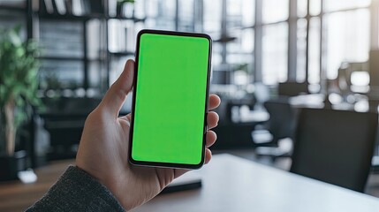 A smartphone held horizontally by a manager with a green screen mockup display, watching content in a trendy office environment, ideal for demonstrating digital media use in the workplace.