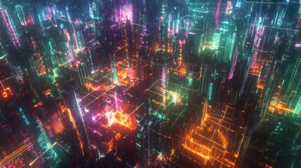 Fototapeta premium A vibrant, futuristic cityscape filled with neon lights and digital elements.