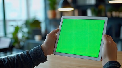 A student hands using an iPad with a green screen mockup, set in a bright, professional office, perfect for virtual learning, video calls, or app demonstrations in an academic setting.