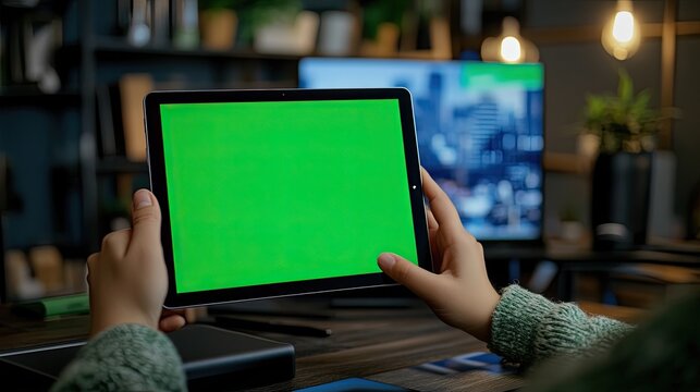 A student uses an iPad with a green screen mockup for an online class or video call, seated in a professional office environment, emphasizing digital learning tools.