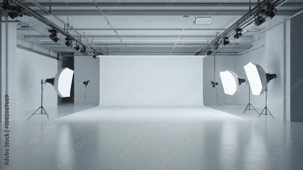 Poster empty photography studio with a smooth white cyclorama background, featuring several softboxes attac