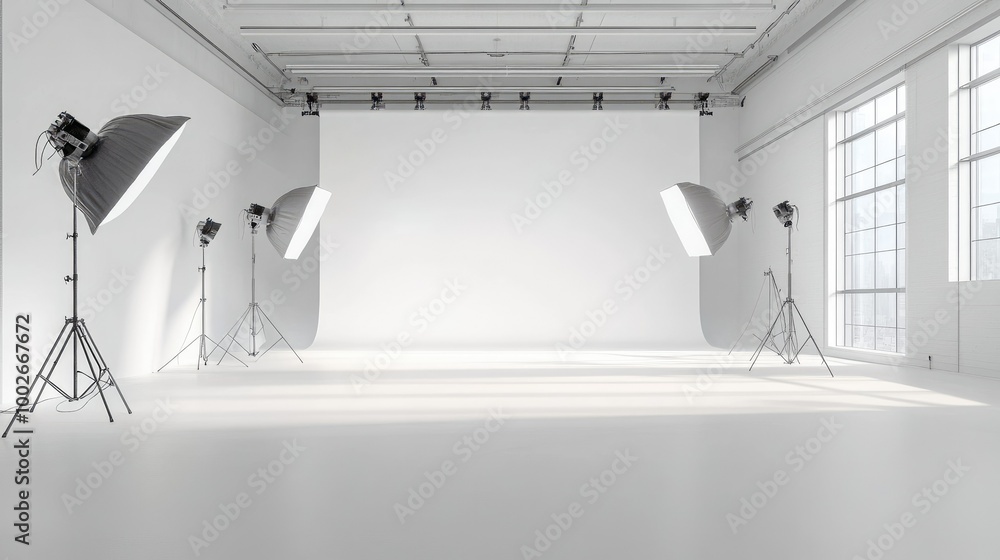 Poster empty photography studio with a smooth white cyclorama background, featuring several softboxes attac