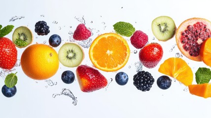 Vibrant fruits flying in midair with water splashes, isolated on a white background, fresh and dynamic