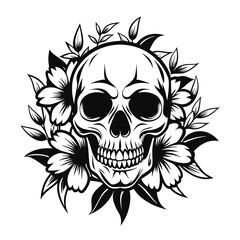 A detailed image of a human skull surrounded by a vibrant arrangement of flowers.