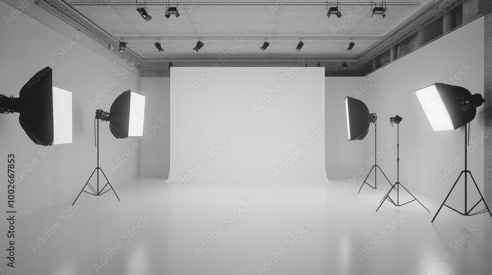 Aufkleber empty photography studio with a smooth white cyclorama background, featuring several softboxes attac