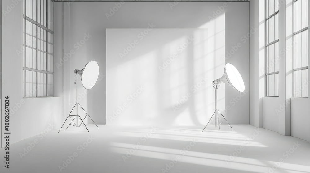 Poster empty studio with a smooth white cyclorama wall, equipped with different softbox flashes positioned 