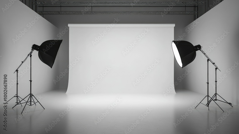 Poster empty studio with a smooth white cyclorama wall, equipped with different softbox flashes positioned 