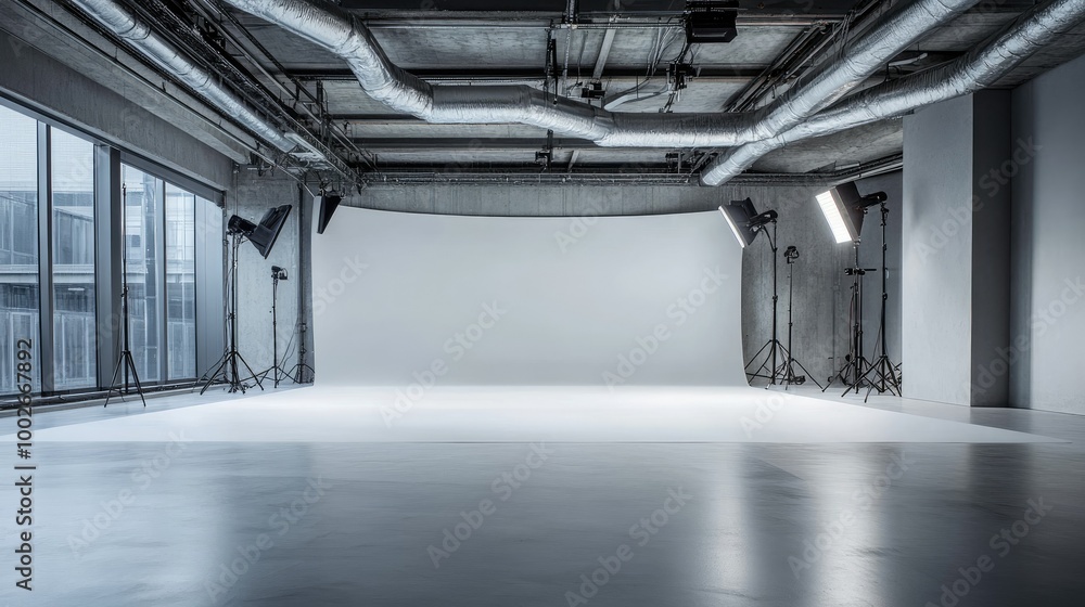 Poster empty studio with a smooth white cyclorama wall, equipped with different softbox flashes positioned 