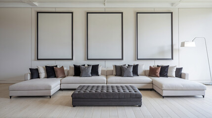 Mockup, template for design. Modern light fashionable living room interior with 3 large empty picture frames White sofa with pillows. Banner, advertising poster.