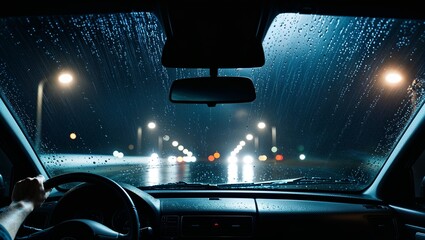 view through the windshield, with the driver's hand visible on the steering wheel in the lower left corner.