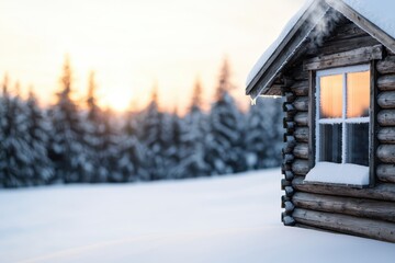 A cozy log cabin surrounded by snowy trees at sunset, evoking warmth and tranquility in a winter wonderland setting.