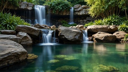 Waterfall flowing over rocks into a serene pool surrounded by greenery.