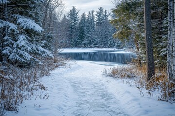 A serene winter landscape featuring a snowy path leading to a tranquil, frozen lake surrounded by evergreen trees.