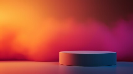 A simple blue podium with soft lighting sits in the center of a room with a blurred orange and pink background.