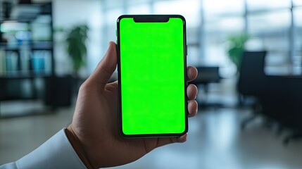 Close-up of an anonymous businessman hand holding a smartphone with a green screen mockup, placed against a blurred office backdrop, ideal for video call concepts.