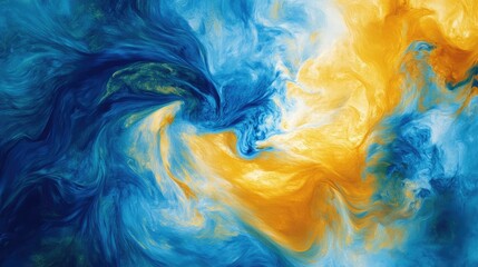 Fluid motion of blue and yellow paint merging together in an abstract swirl, symbolizing creativity and energy.
