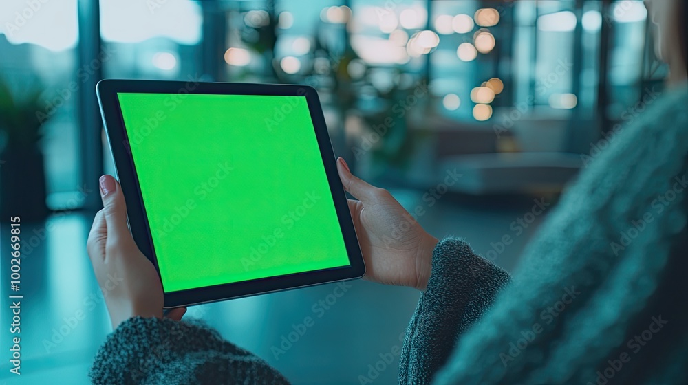 Poster close-up of an anonymous student using an ipad with a green screen mockup for a video call in a slee