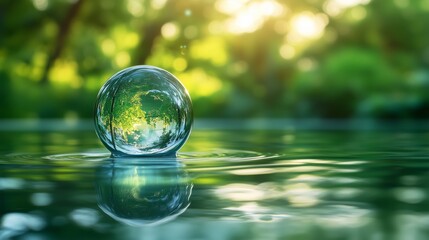 A glass sphere containing the earth floats on water against a green background with blurred surroundings