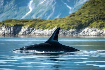 Fototapeta premium Luxury Whale Watching Excursion in Alaska's Scenic Inside Passage and Mountain Range