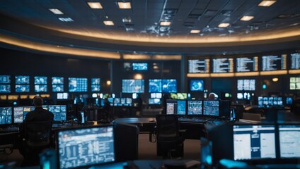 The command center features numerous computer workstations and large screens displaying real-time data during an emergency response 
