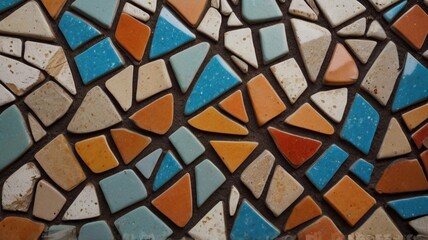 Terazzo mosaic floor surface with bright colored tales. Blue, red, orange, white pieces