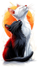 Two cats, one small black and one large white, sit proudly side by side as the sun rises in the background, casting a warm glow.