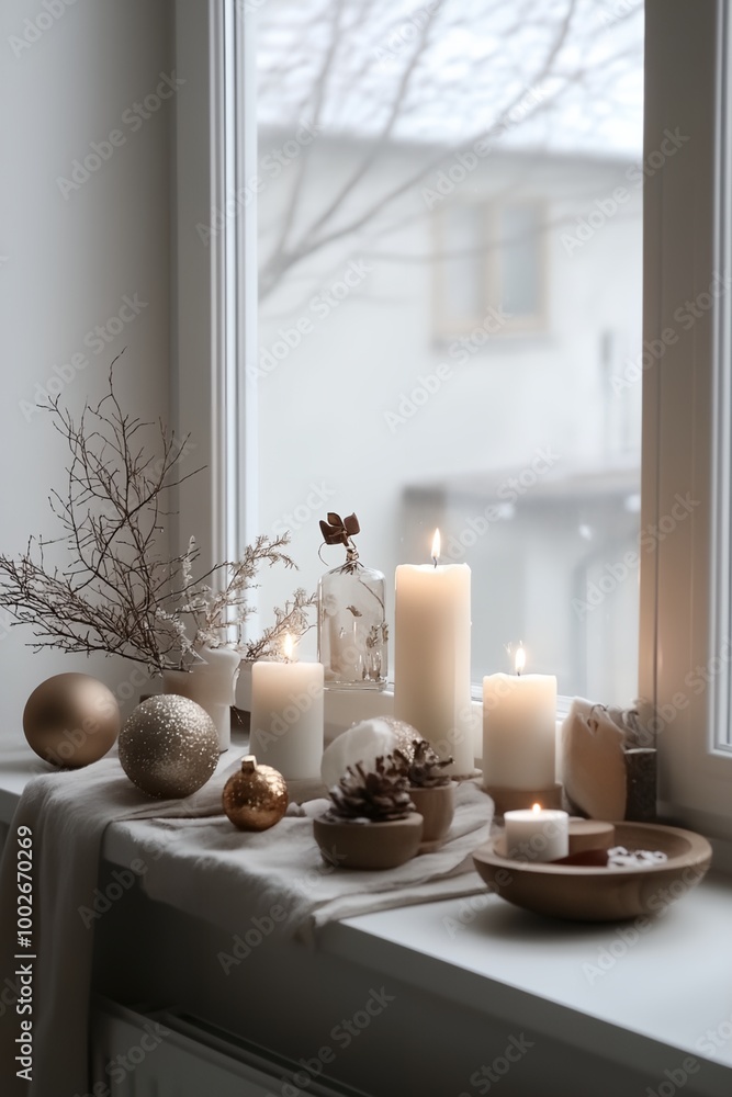 Poster a window sill with candles and decorations. the candles are lit and the decorations are arranged in 
