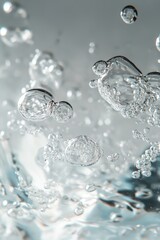 Fototapeta premium The image is of a body of water with many small bubbles floating on the surface. The bubbles are scattered throughout the water, creating a sense of movement and energy. Scene is one of tranquility