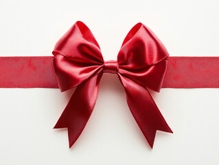 Fototapeta premium Decorative shiny atlas red ribbon with bow isolated on white background. Red band satin strip for Valentine's, birthday gift. Wrapping for Christmas party, Father's, Women's day gift. Black friday 