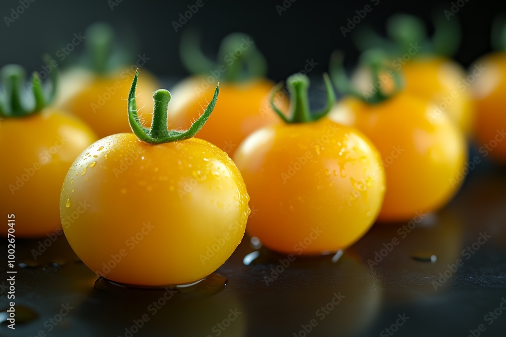 Poster a row of yellow tomatoes with green stems. the tomatoes are wet and shiny. concept of freshness and 
